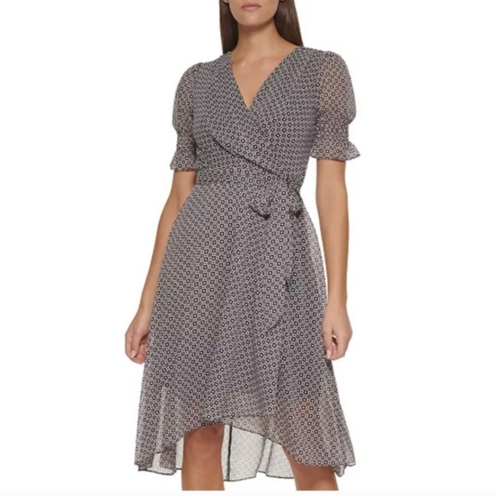 Tommy Hilfiger Wrap Dress Size 2P Gray Black Print Midi Work Office Petite - Picture 12 of 12
